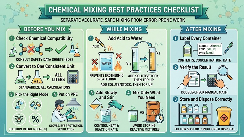Chemical mixing best practices checklist for safe and accurate solution preparation