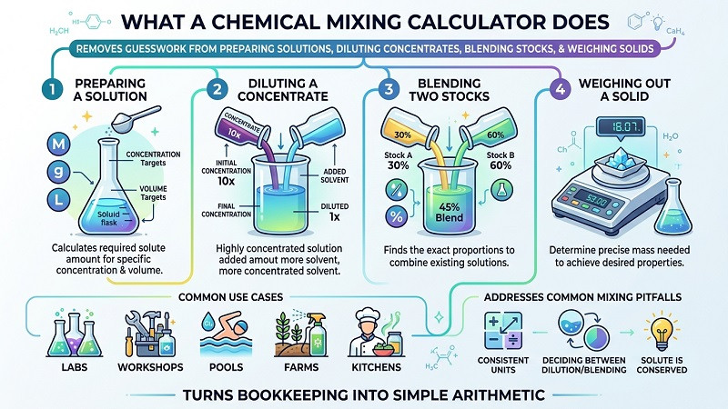 Chemical mixing calculator illustrated with laboratory beakers and solutions being combined