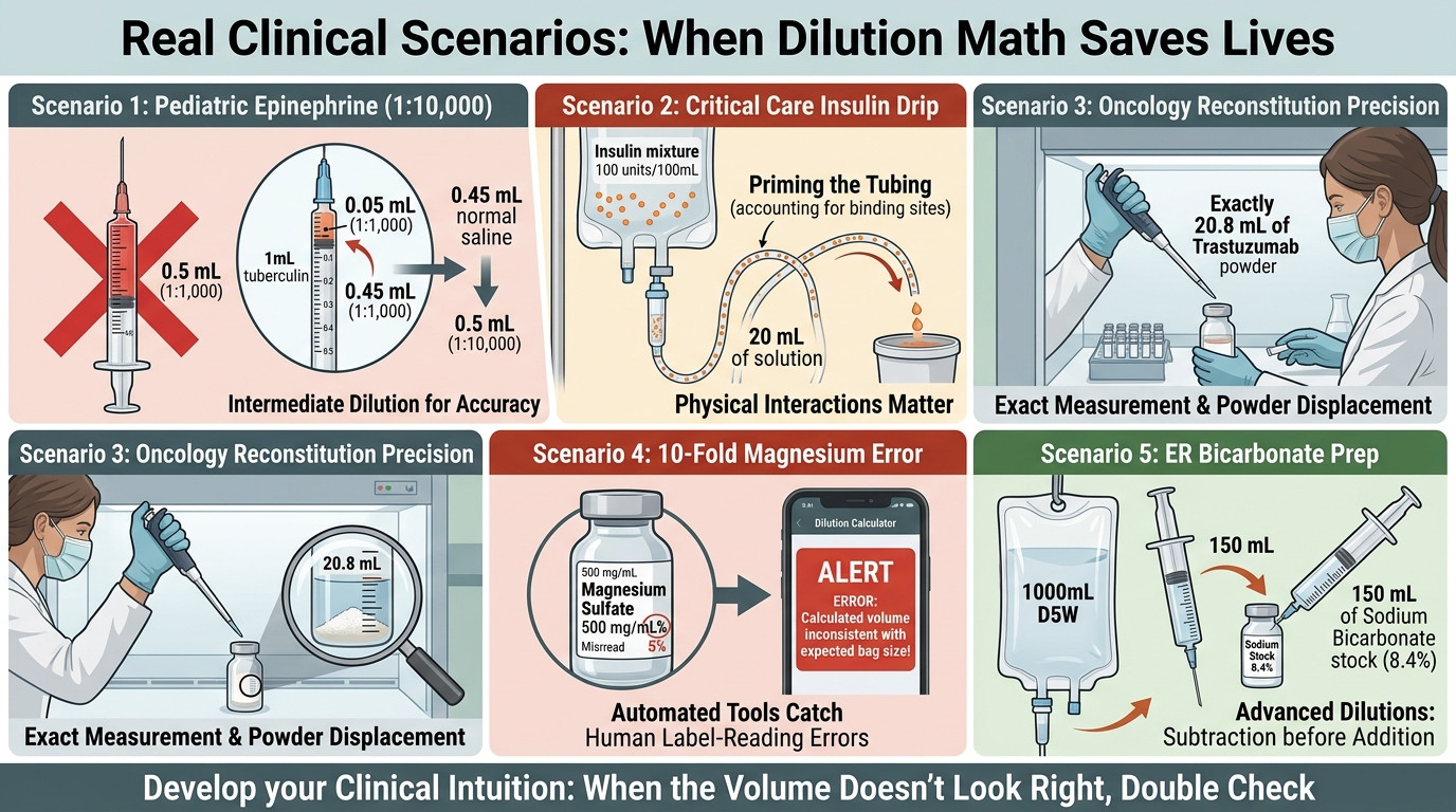 Clinician validating IV pump settings against a dilution calculation