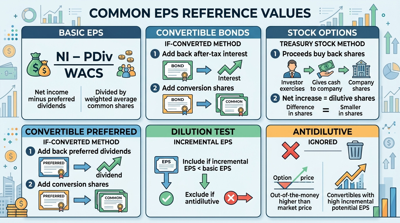 Diluted EPS calculation showing basic EPS formula treasury stock method and if-converted method