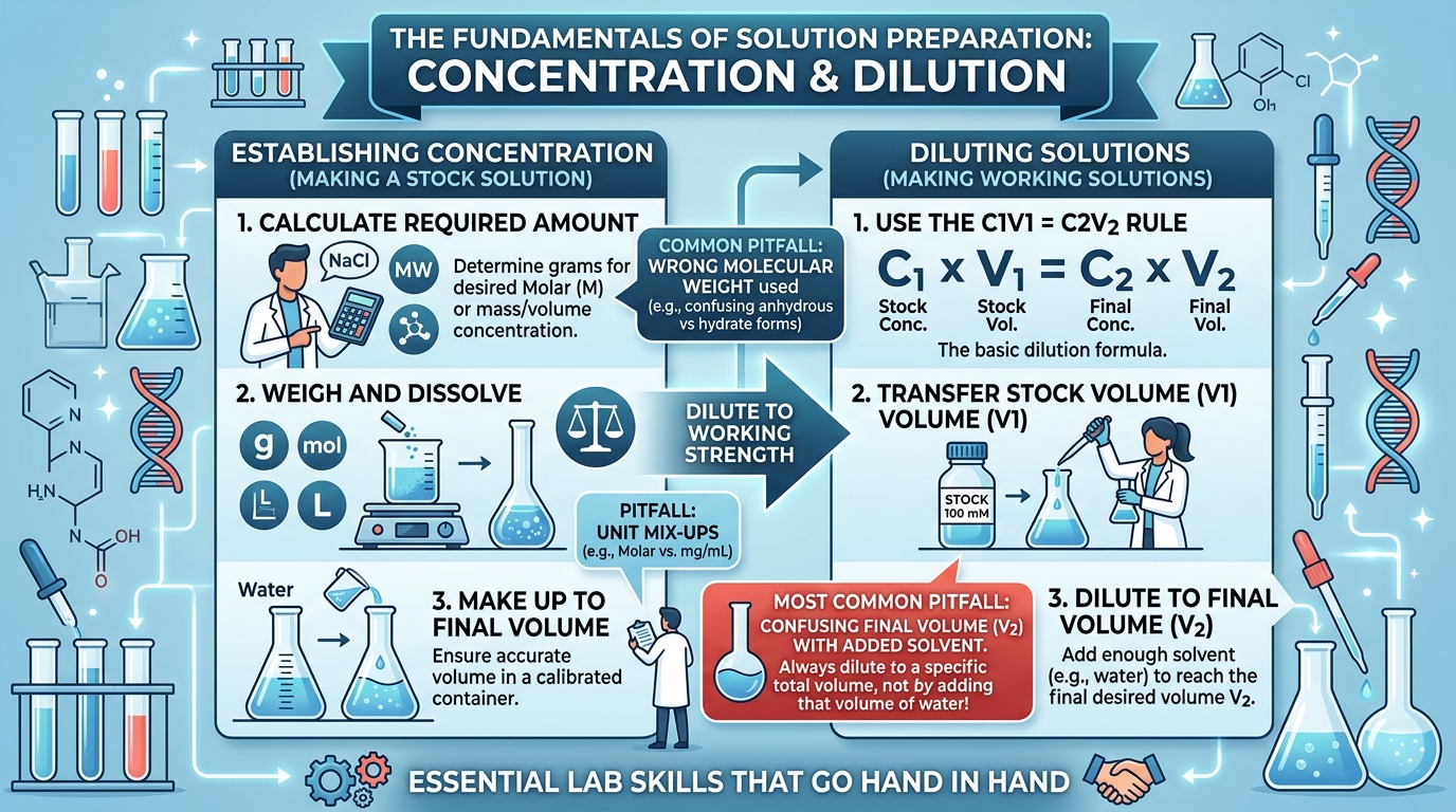 Concentrations and dilutions calculator visualization showing molarity percent mg per mL and C1V1 equals C2V2