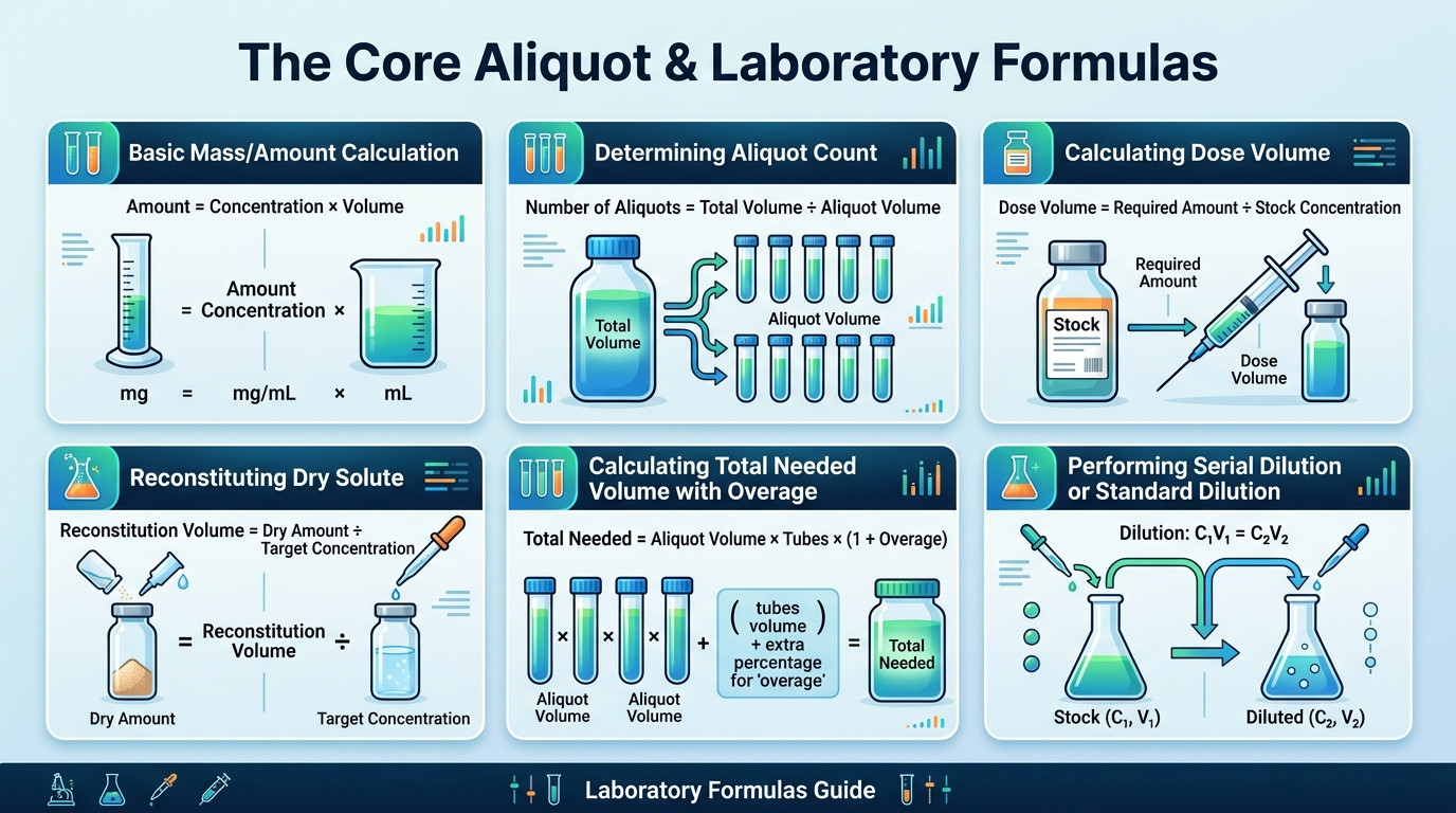 Aliquot Calculator formulas for dose volume reconstitution dilution and tube planning