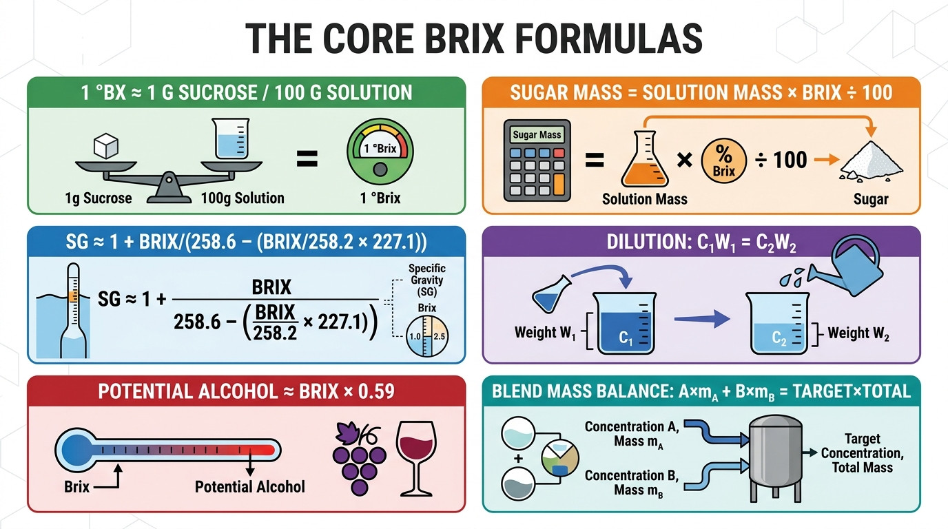 Brix Calculator formulas for sugar concentration SG conversion dilution blending and fermentation correction