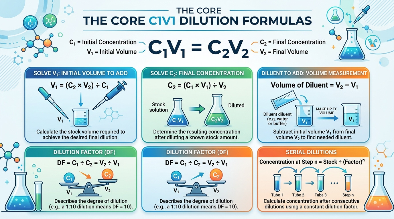 C1V1 dilution calculation with volumetric flask and pipette in a chemistry laboratory