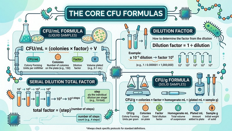 Serial dilution tubes and pipettes illustrating CFU dilution factor calculations