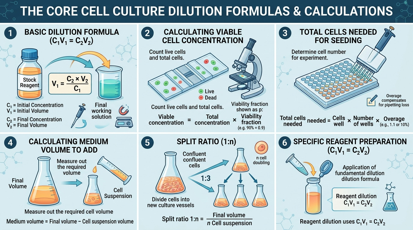Cell culture dilution calculator formulas for viable cells seeding density and C1V1 dilution