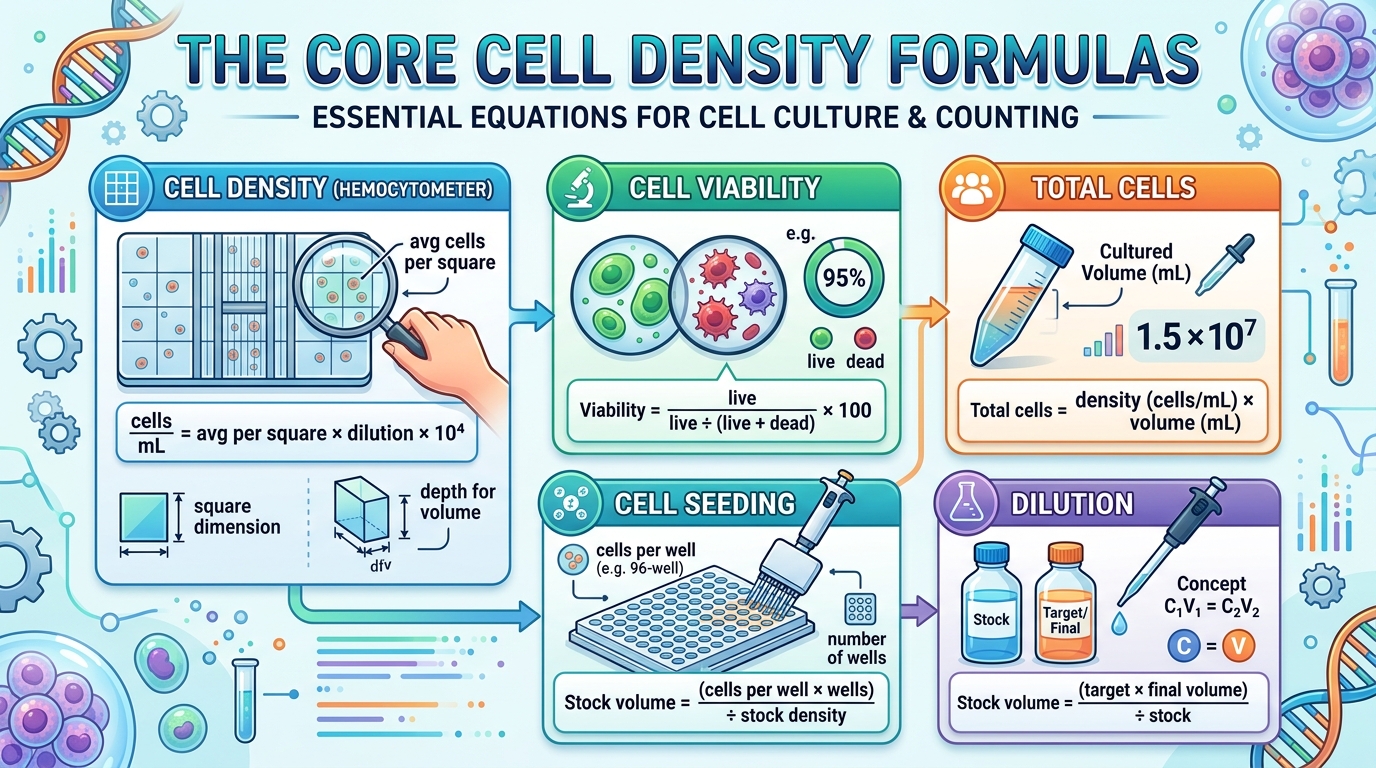Hemocytometer grid and cell counting under microscope for cell density calculation
