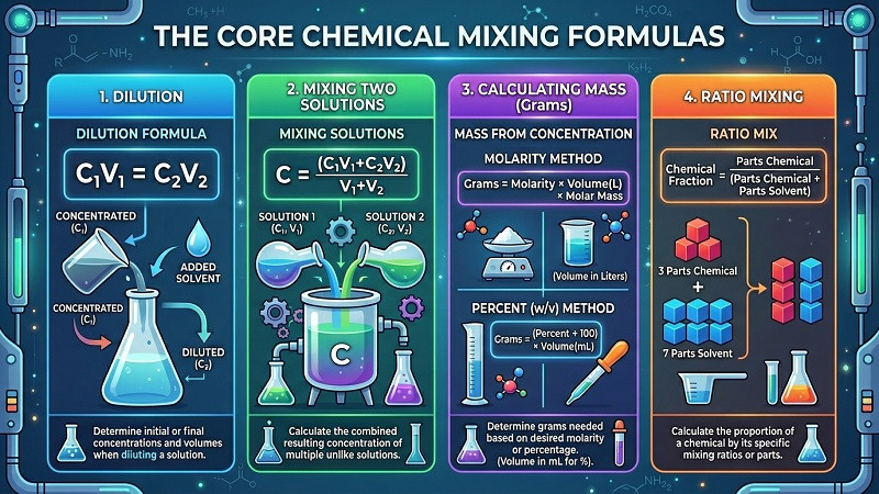 Graduated cylinders illustrating chemical mixing calculations and concentration blending