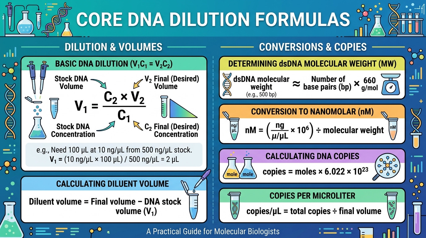 DNA Dilution Calculator formulas for ng per microliter molarity copy number and serial dilution