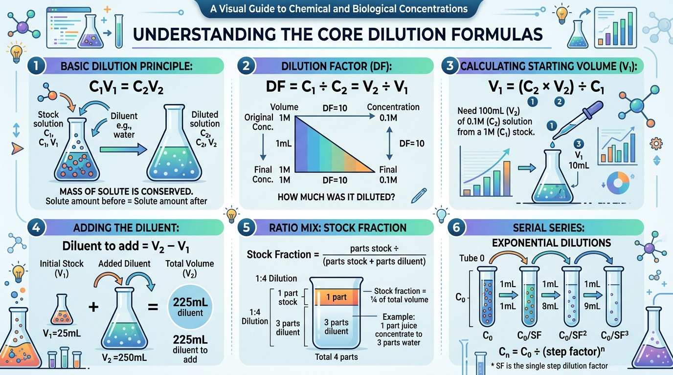 Diagram-style photo of graduated cylinders illustrating the calculation of dilution and dilution factor