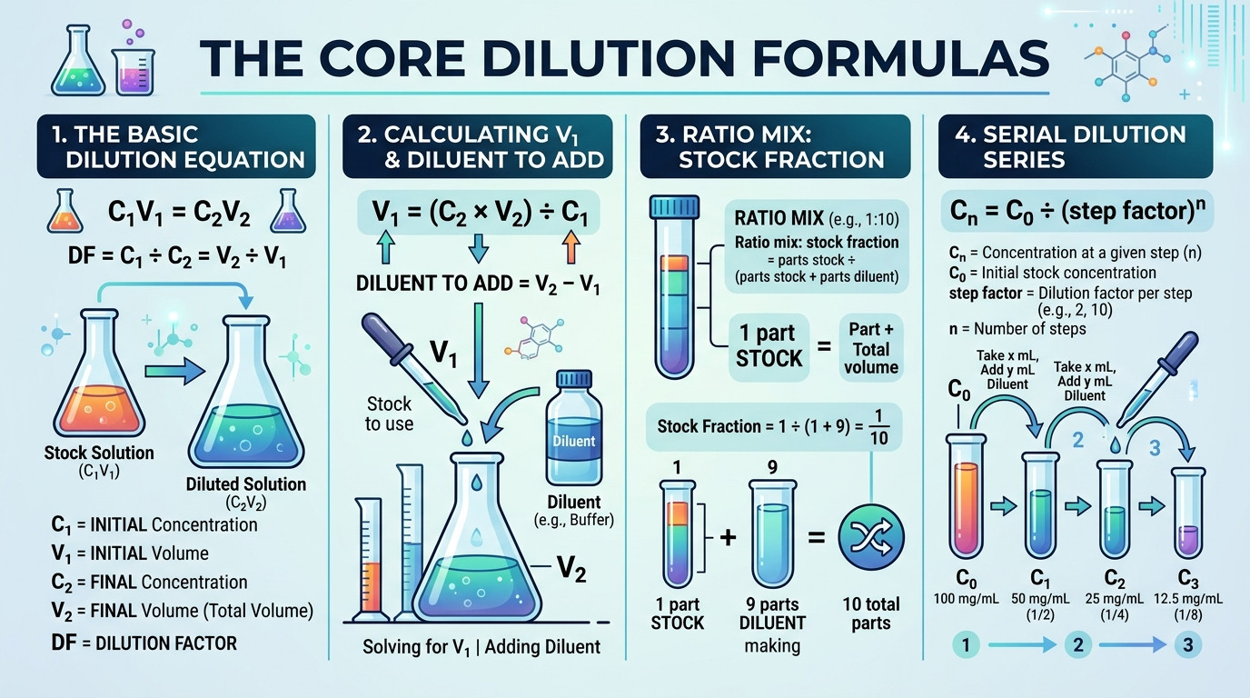 Graduated cylinders illustrating the calcul dilution and dilution factor concepts