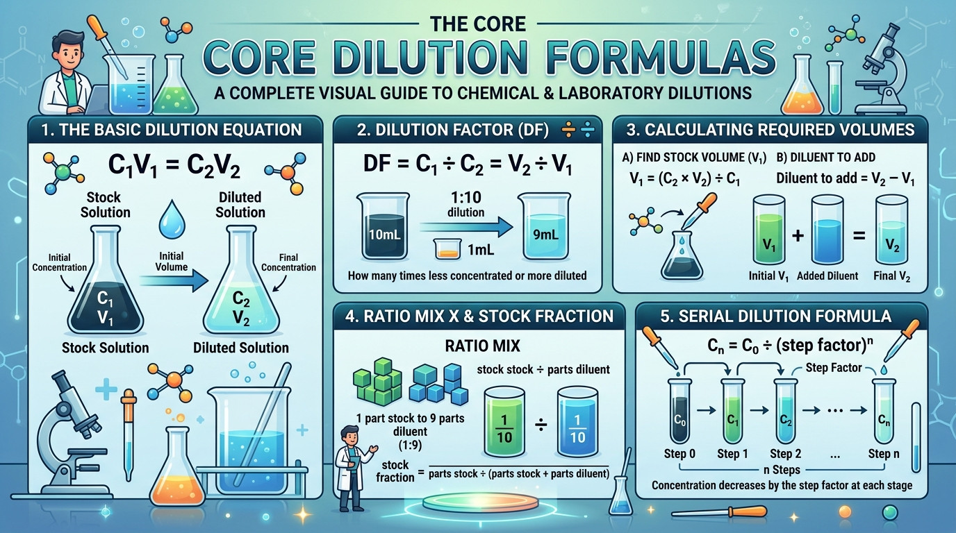 Graduated cylinders illustrating a dilution calculator and dilution factor concepts