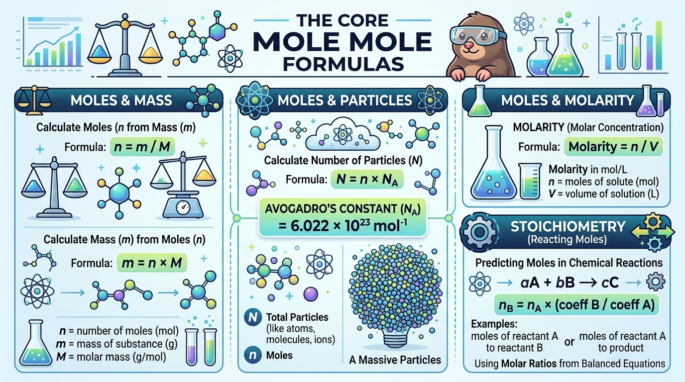 Mole calculator formulas showing n equals m divided by M with Avogadro number and stoichiometry