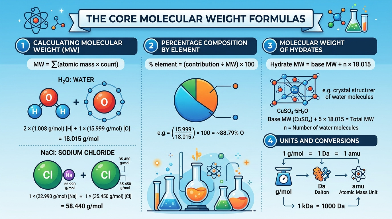 Molecular weight calculator formulas showing atomic mass summation and element composition