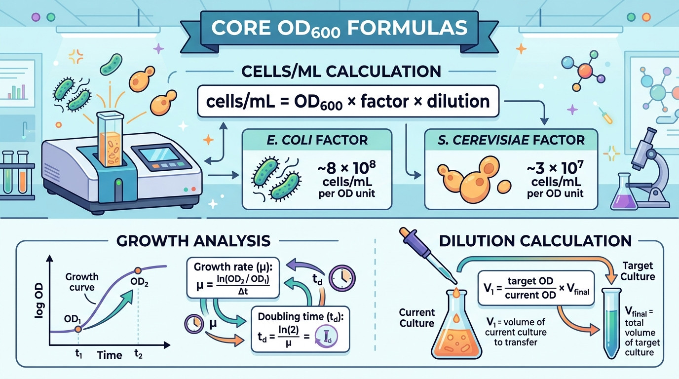 OD600 calculator formulas showing cell density estimation growth rate and Beer-Lambert law