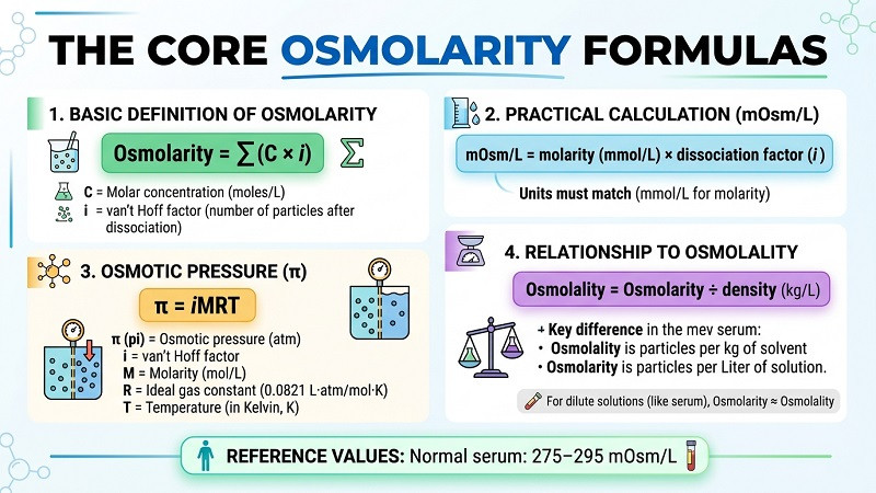 IV fluid osmolarity calculation with saline bag and laboratory equipment