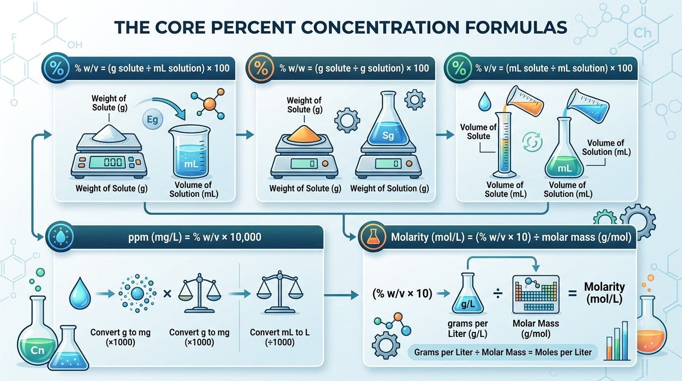 Percent concentration calculation with laboratory flasks and solution preparation equipment