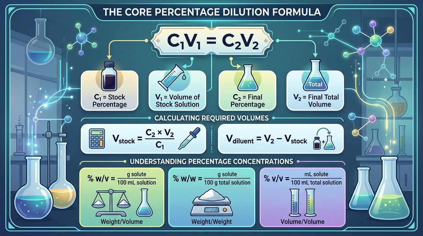 Dilution calculator percent showing w/v w/w and v/v percentage concentration definitions