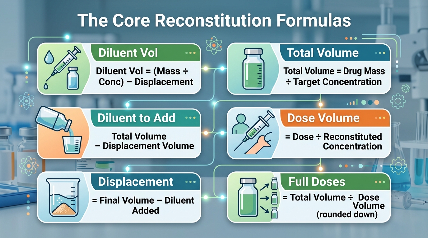 Reconstitution calculator formulas with drug vial and syringe diagrams
