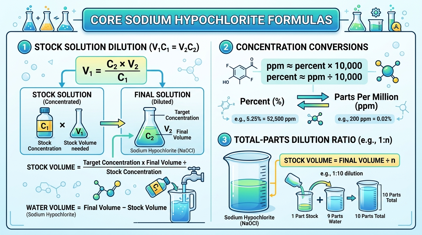 Sodium Hypochlorite Dilution Calculator formulas for bleach percent ppm and ratio dilution