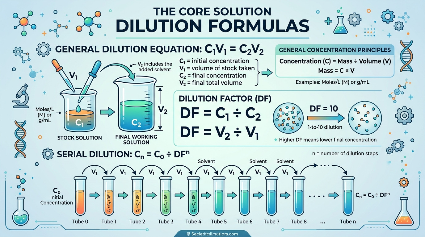 Solution dilution calculator showing C1V1 equals C2V2 formula and dilution factor relationships