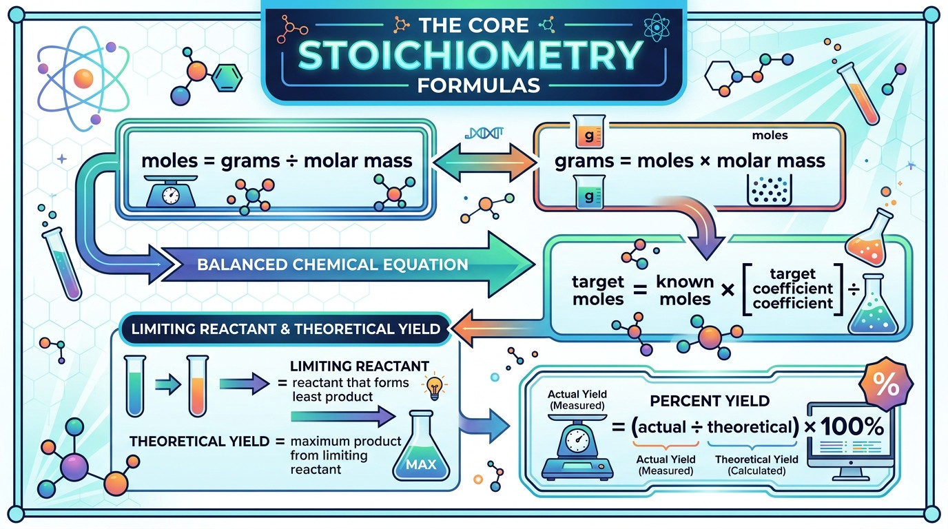 Stoichiometry Calculator formulas for mole ratio limiting reactant theoretical yield and percent yield