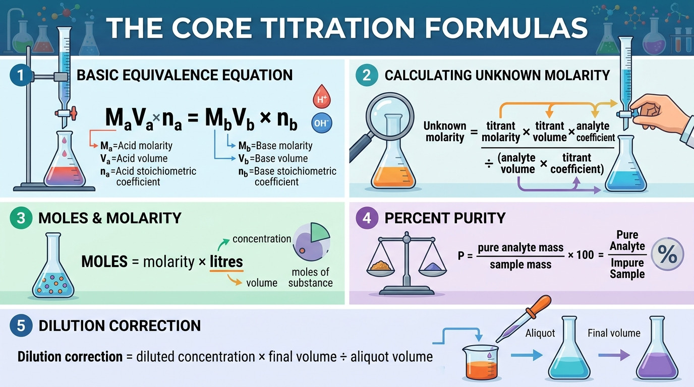 Titration Calculator formulas for molarity equivalence point percent purity and dilution correction