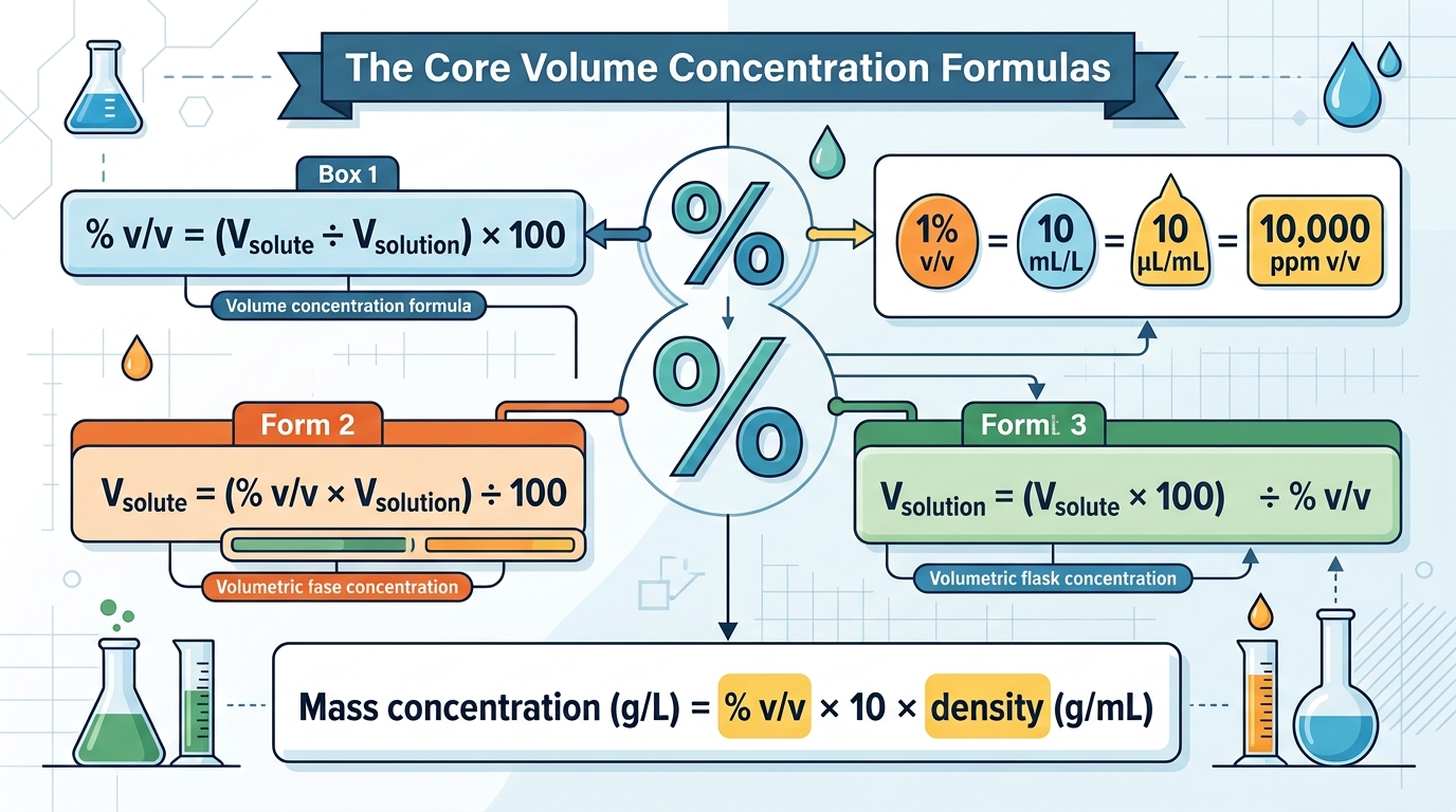 Volume concentration formulas with laboratory glassware showing percent v/v calculations