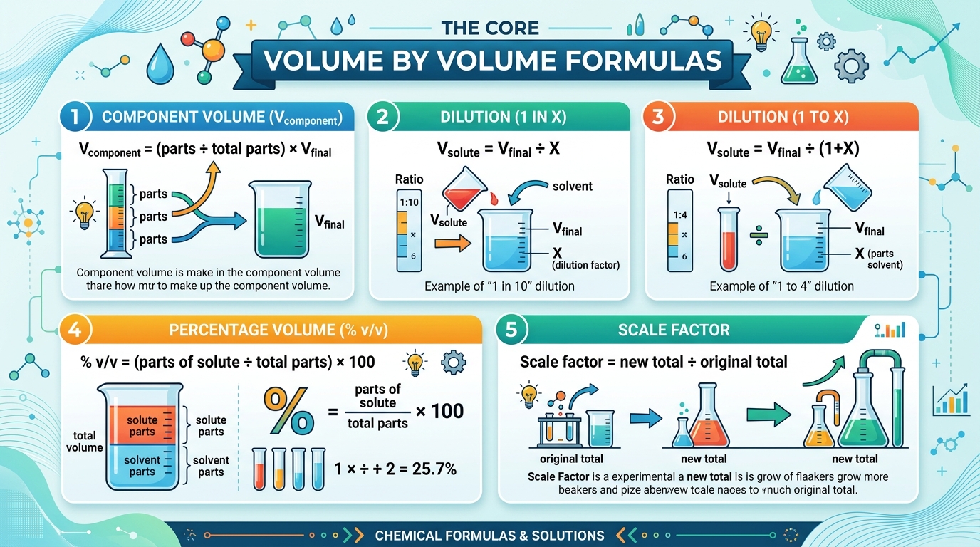 Volume by volume ratio formulas and calculations with laboratory glassware