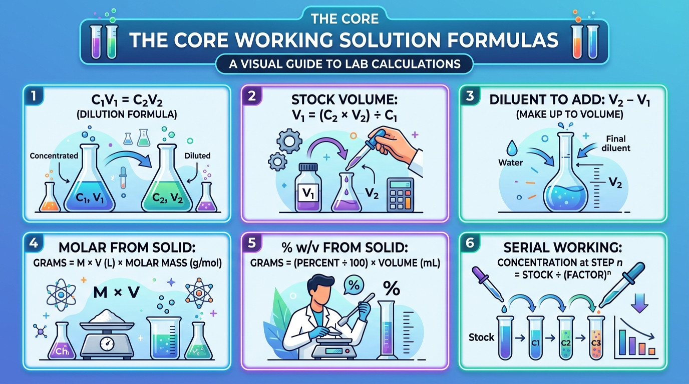 Working solution preparation in a laboratory with volumetric flasks and pipettes
