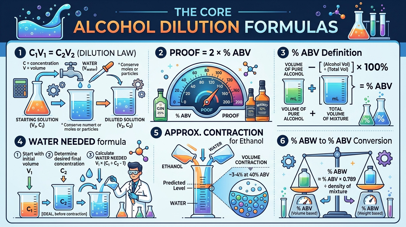 Alcohol dilution calculator showing ABV proof and concentration relationships