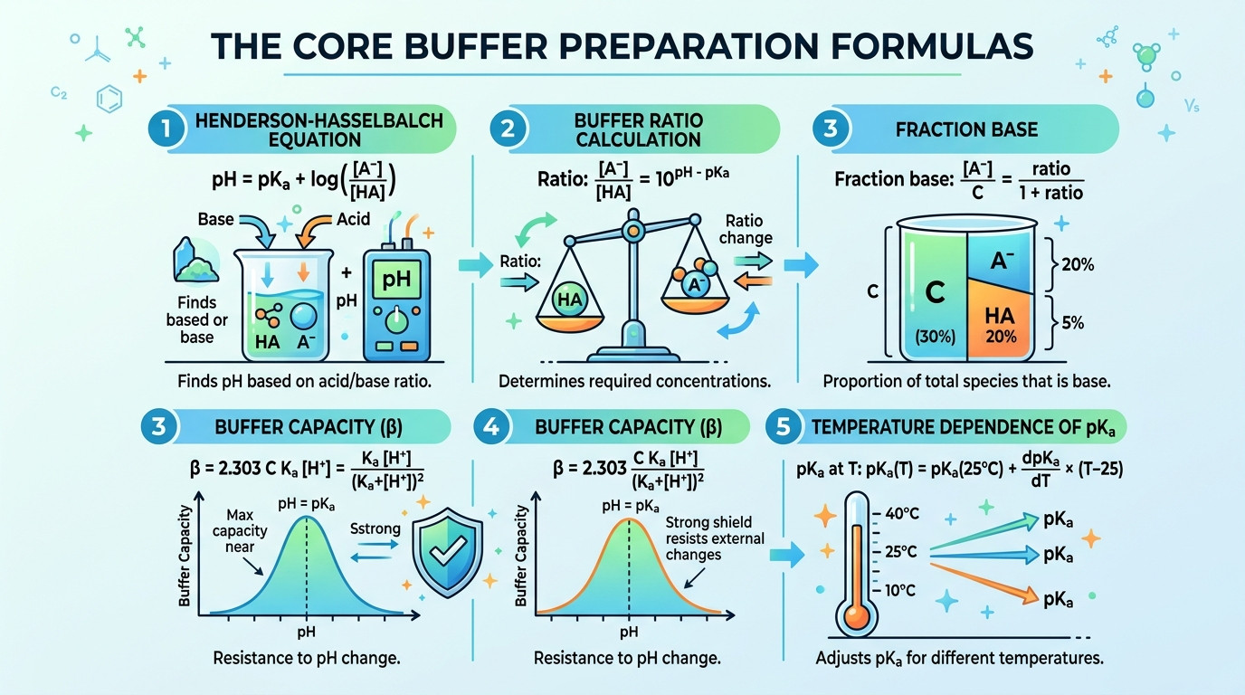 Henderson-Hasselbalch equation and buffer preparation formulas with laboratory glassware