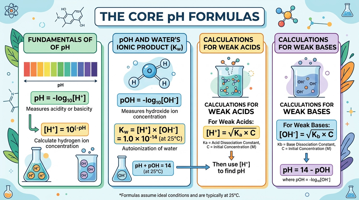 pH calculator formulas showing pH scale hydrogen ion concentration and water autoionisation
