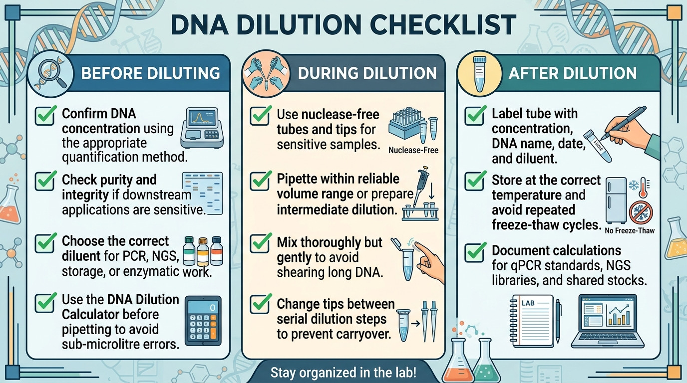 DNA dilution checklist for nuclease-free pipetting serial dilution and DNA concentration planning