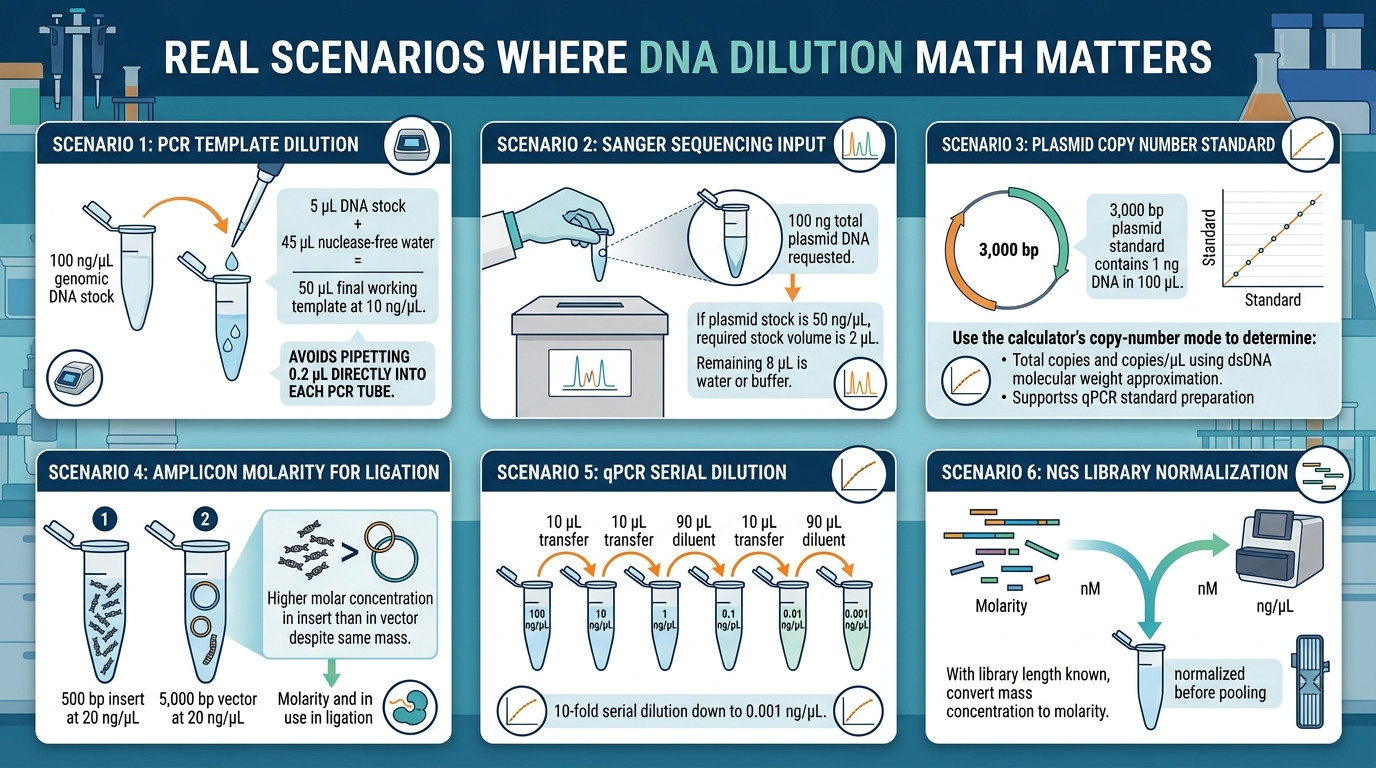 DNA dilution scenarios for PCR sequencing plasmid copy number qPCR standards and NGS library normalization