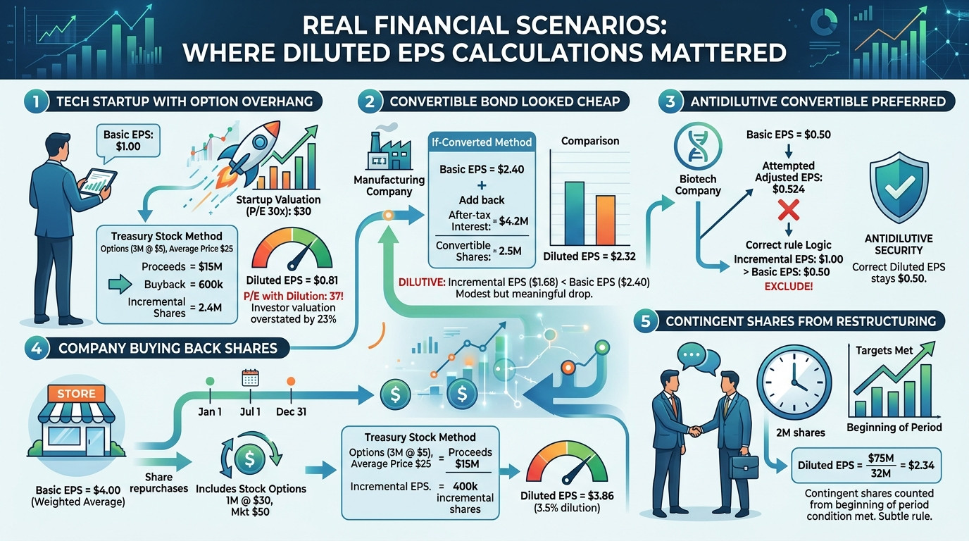 Diluted EPS calculation real scenarios showing stock options convertible bonds and share buybacks