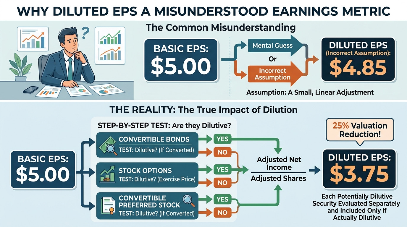 Diluted EPS calculation guide showing basic EPS diluted EPS and potential common shares