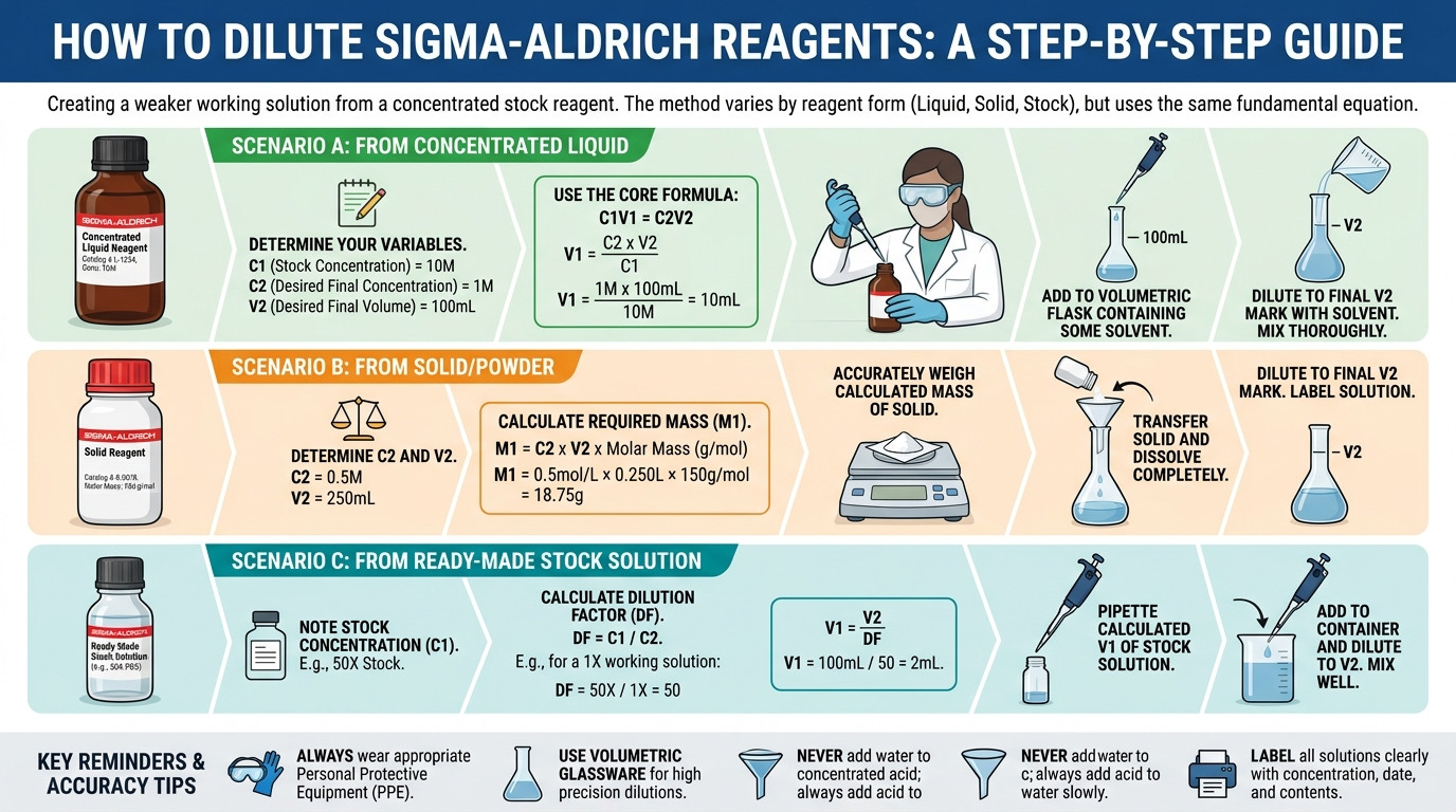 Sigma reagent dilution step by step showing assay percent, density, and molecular weight converted to molarity