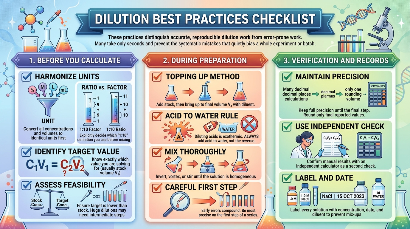 Dilution calculator best practices checklist for accurate solution preparation in the laboratory