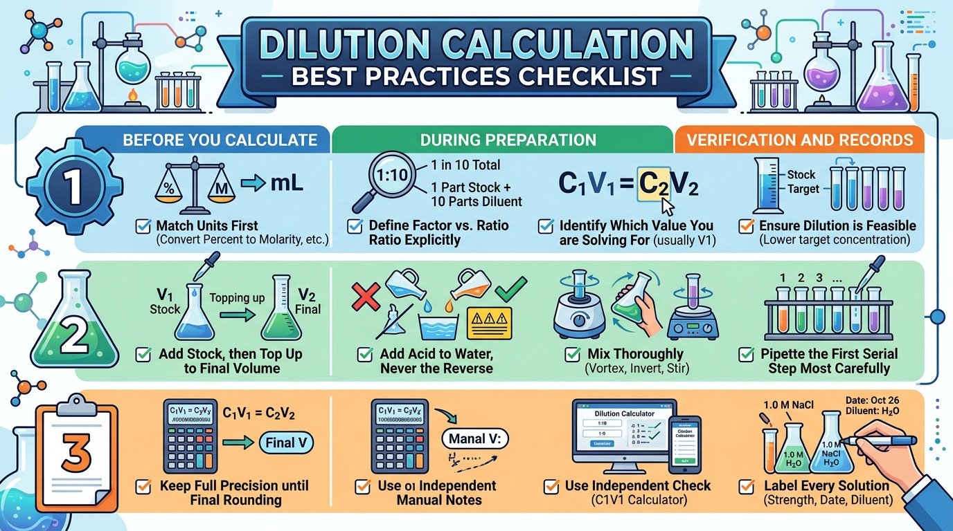 Calculation of dilution best practices checklist for accurate solution preparation in the laboratory