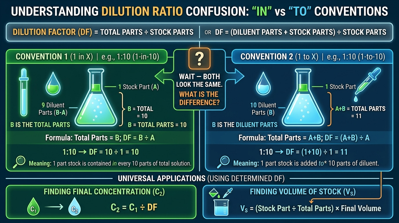 Dilution ratio calculator showing 1 in 10 versus 1 plus 10 conventions