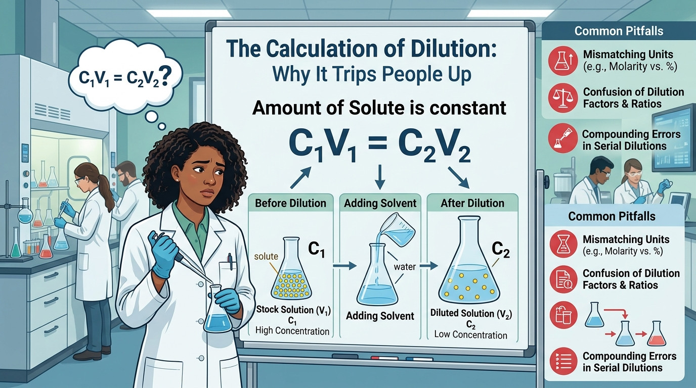 Calculation of dilution shown with laboratory volumetric flasks and pipettes preparing a diluted solution