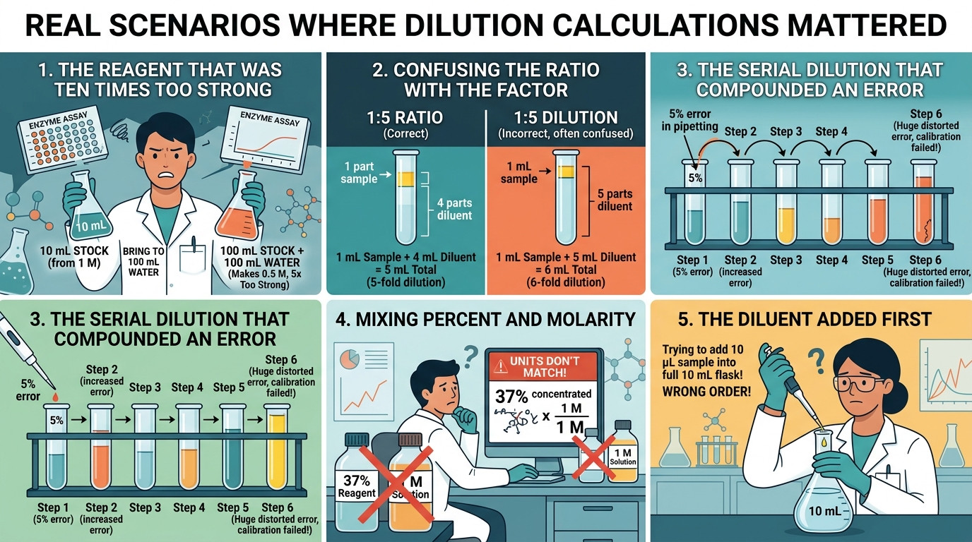 Calculation of dilution real scenarios showing pipetting into volumetric flasks for accurate solution preparation