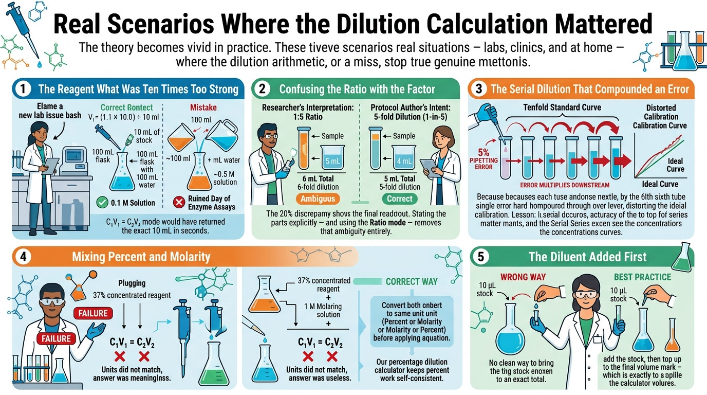 Real calcul dilution scenarios showing pipetting into volumetric flasks for accurate solution preparation
