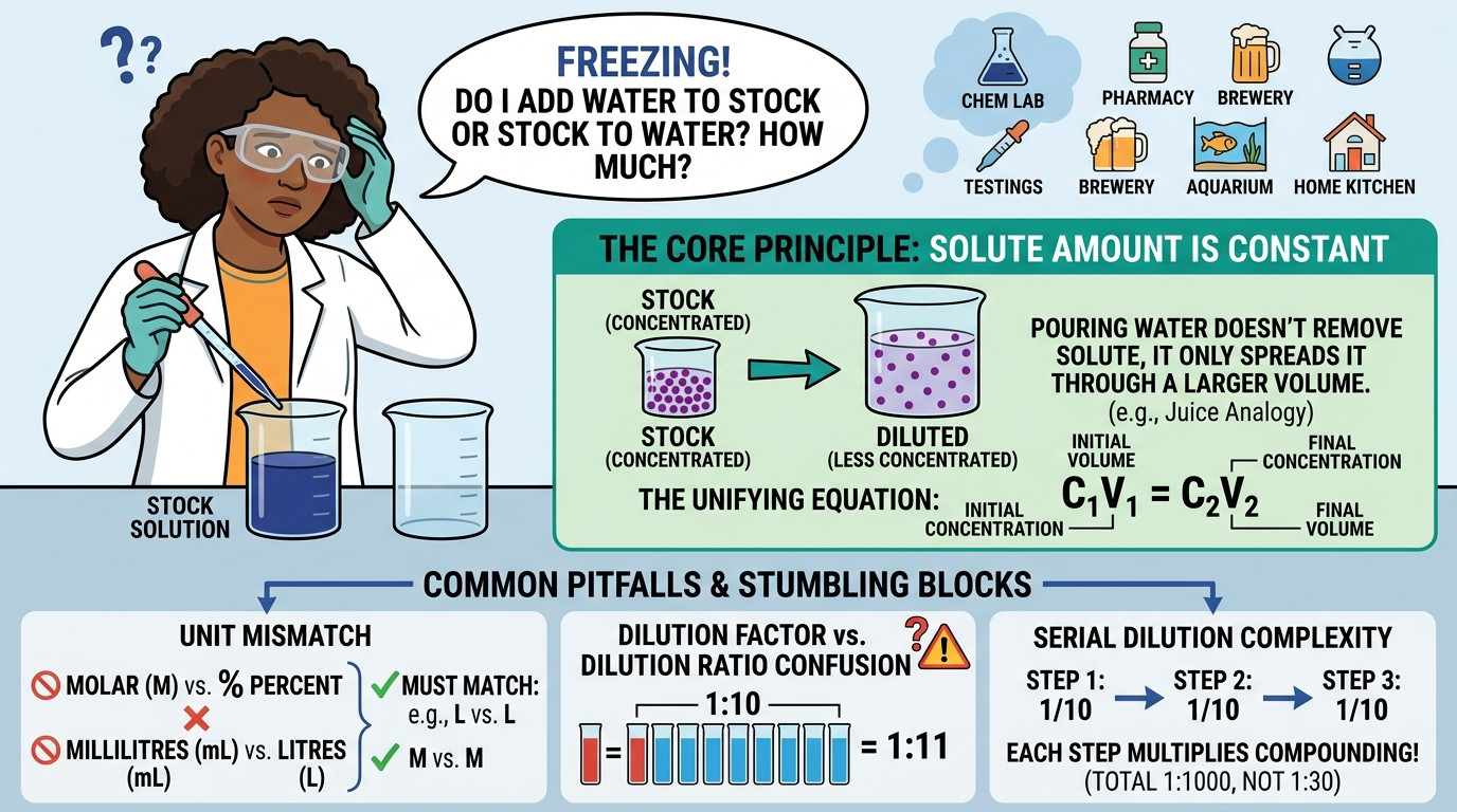 Calcul dilution shown with laboratory volumetric flasks and pipettes preparing a diluted solution