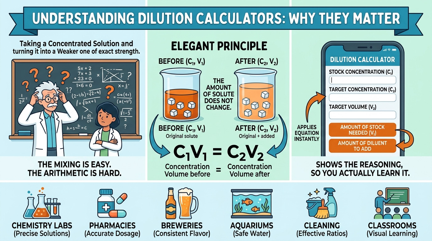 Dilution calculator illustrated with laboratory volumetric flasks and pipettes preparing a diluted solution