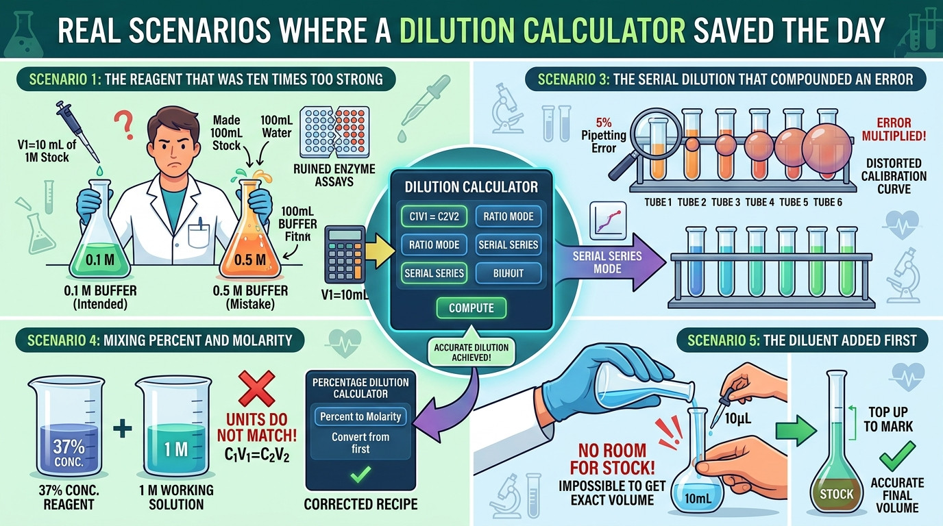 Real dilution calculator scenarios showing pipetting into volumetric flasks for accurate preparation