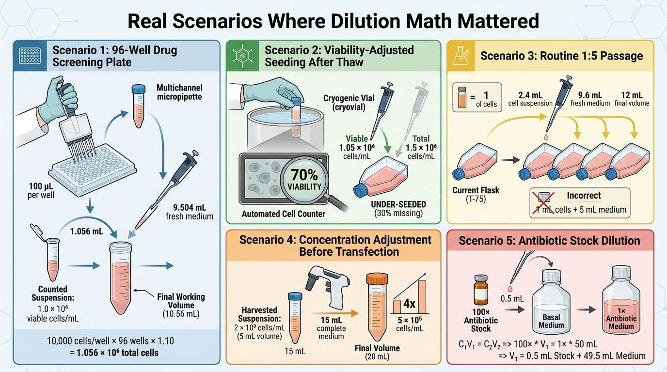 Real cell culture dilution scenarios for plate seeding passaging and reagent dilution