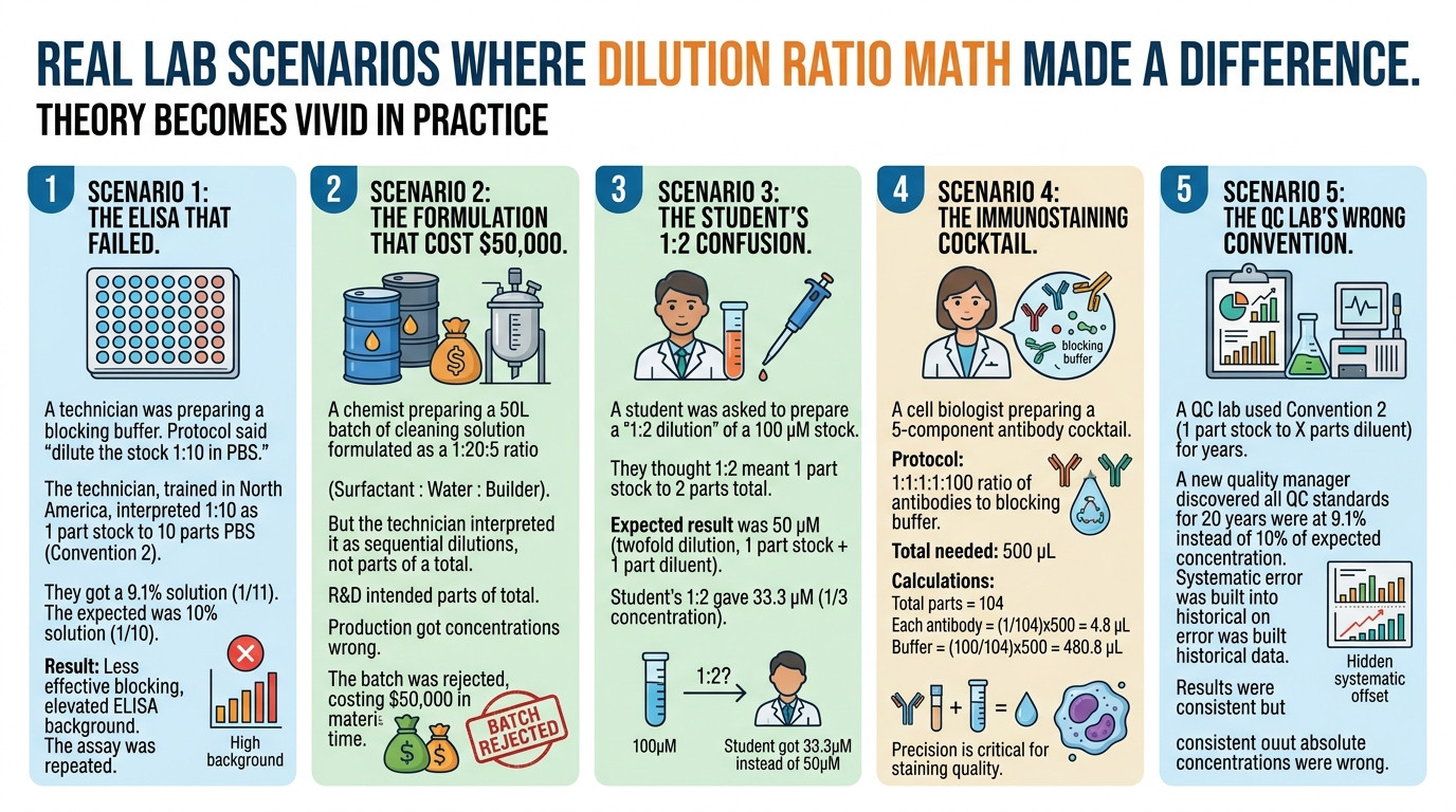 Dilution ratio calculator real scenarios showing ratio misinterpretation and multi-component formulations