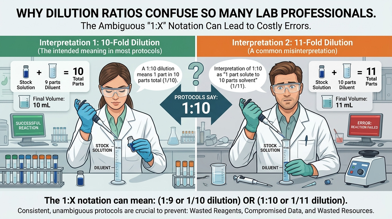 Dilution ratio calculator visualization showing 1:10 ratio notation and dilution factor conversion